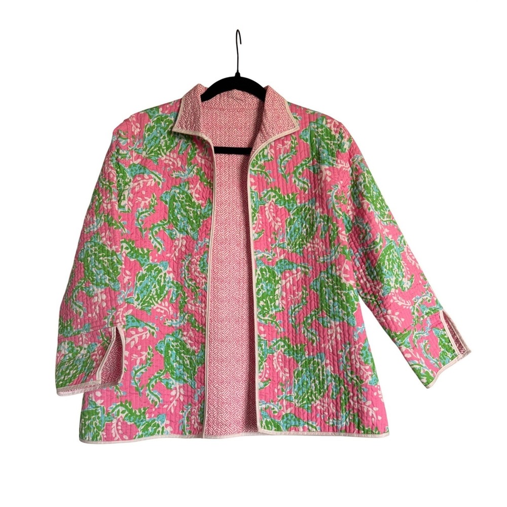 Coastal Grandma Preppy Old Money Reversible Quilted Jacket Pink Green Sea Turtle